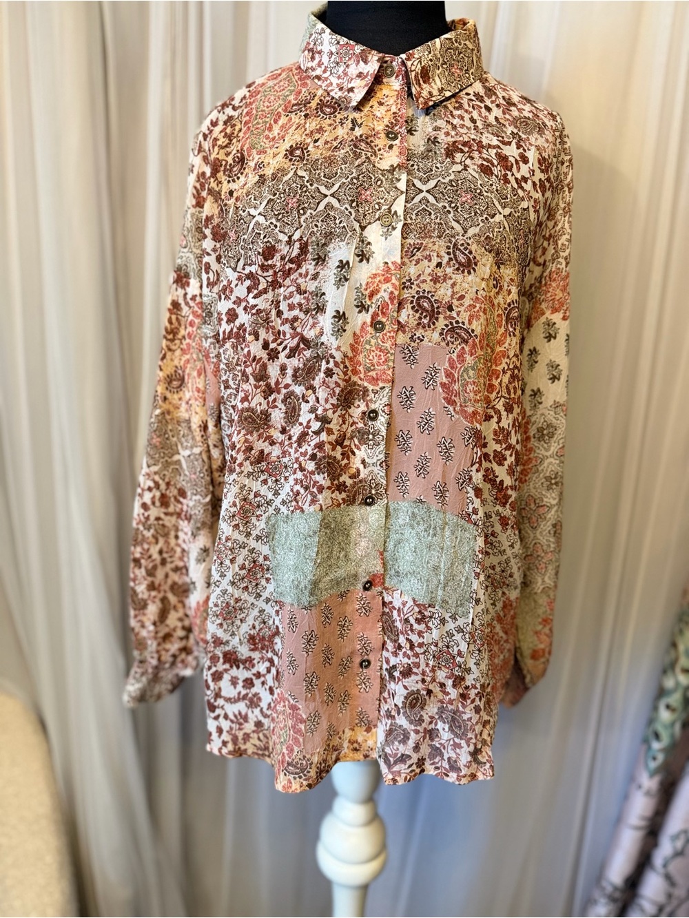 Daytrip Patchwork Floral Button-Down Shirt in Pink and Cream